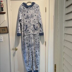 Cozy Harry Potter Themed Pajama Hoodie Onesie - Blue and White